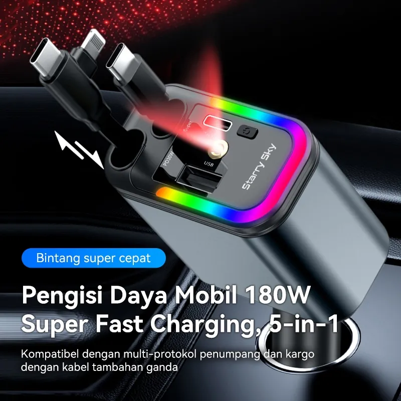 BASIKE Car Charger 180W Fast Charging Colokan Mobil with Kabel Data Type C Lightning Lampu Atmosfer