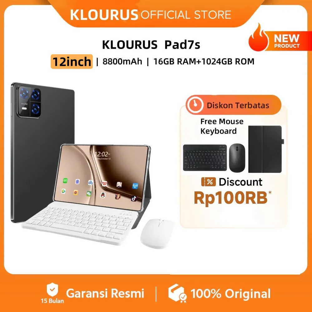 {Free Mouse Keyboard } KLOURUS Tablet Pad 7s (16GB + 1024GB) | IPS 12" | Tablet Murah untuk Belajar,Gaming, Kerja & Hiburan | 5G Dual SIM, WiFi Tablet Anak Android, Kamera 48MP | Kapasitas baterai besar 8800mAh[KLOURUS Official Store]​