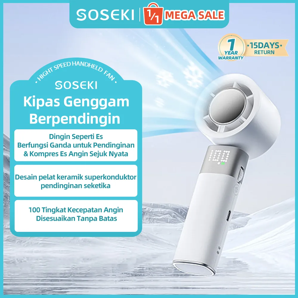 SOSEKI Kipas Angin Mini Portable Tahan Lama 3000mAh / kipas angin kecil dengan 100 tingkat kecepatan / Kipas Angin Turbo Mini Portable dengan Ice Cooling Plate / Mini Fan Portable dengan Lampu Senter
