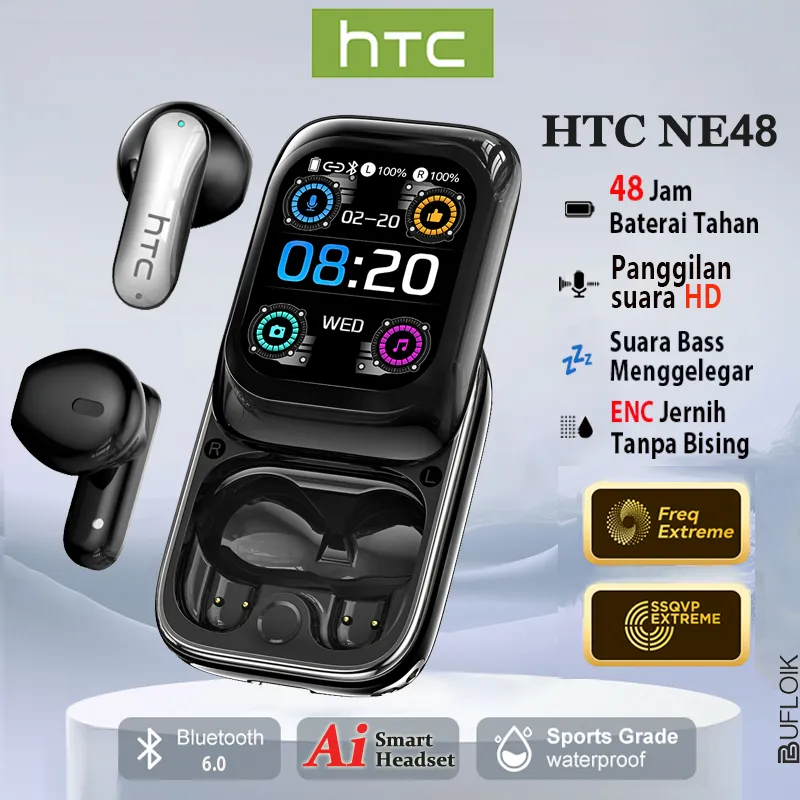 HTC NE48 AI Smart Translation Earphones Slider-type Multi-functional LCD Screen Tahan Air Terjemahkan Headset Gaming