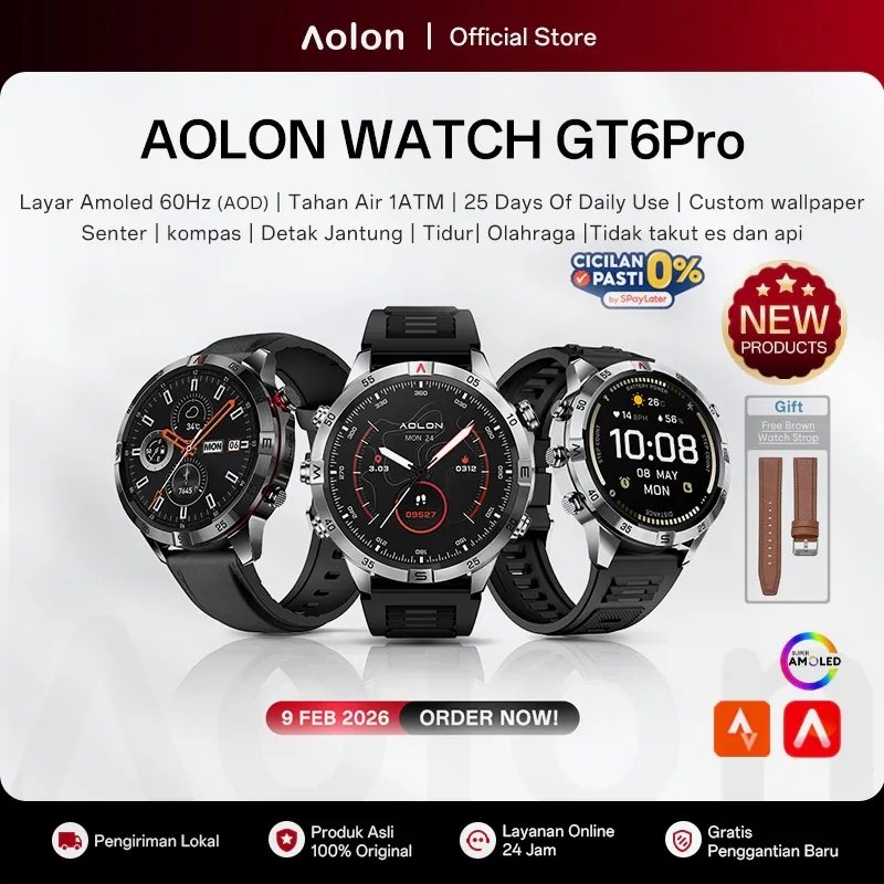 [ 2.9 ] Aolon GT6 Pro Jam Tangan Smartwatch Layar 1.5"Amoled 60 HZ Kompass Senter Tahan Air 1 ATM Olahraga Kuat Tes kesehatan 24 jam smartwatch pria