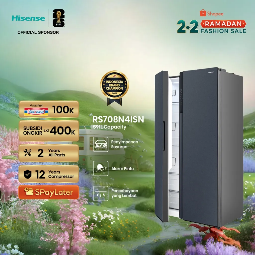 Hisense Kulkas RS708N4ISN Refrigerator Side By Side Kapasitas 591L Warna Silver Inverter Tanpa Bunga Es Multi Air Flow Metal Door Anti Bacteria Purify Interior LED Lighting Super Freeze Holiday Mode Dual Ech Cooling