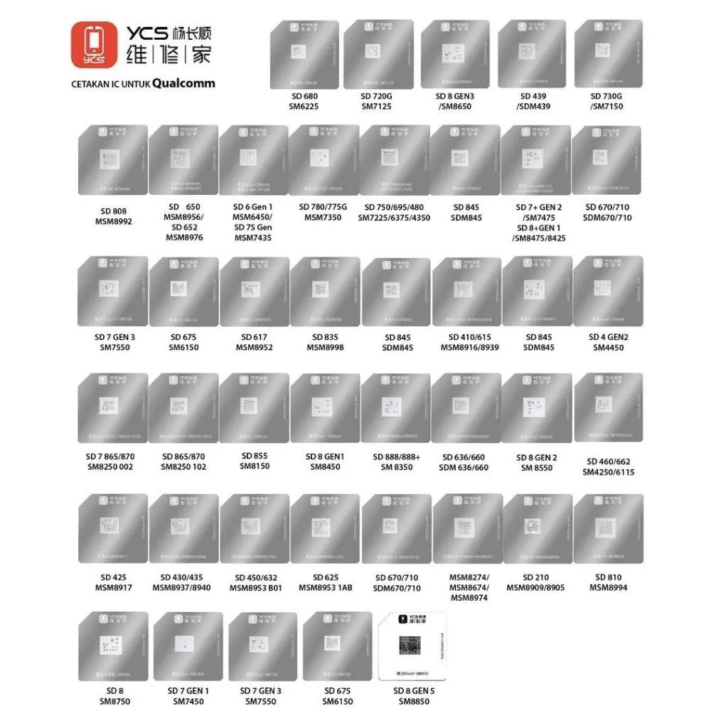Plat IC Cetakan IC Set YCS Stencil Reballing Qualcomm (Isi 42pcs)
