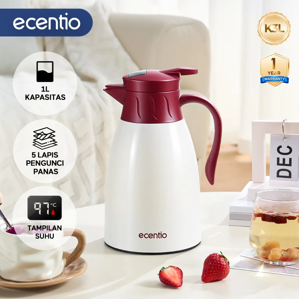 ecentio LED teko air minum teko air panas Dingin 24 Jam 1L termos Air Panas Bayi Buat Susu aesthetic portable termos air panas pencet termos es batu tahan lama