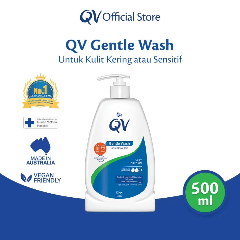 QV Gentle Wash 500ml. Pembersih tubuh untuk kulit kering dan sensitif. Tanpa tambahan sabun, dengan 15% Glycerin dan pH seimbang