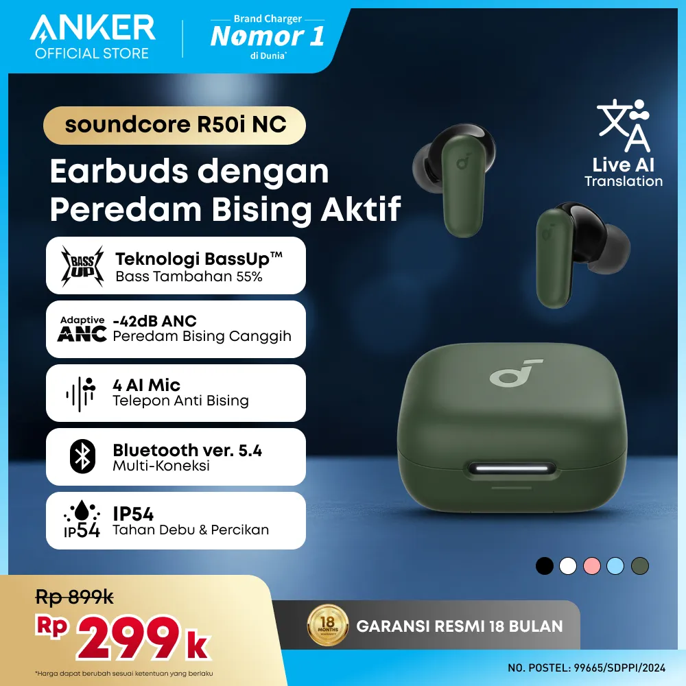 (NEW LAUNCH) Soundcore Anker R50i NC Earbuds Adaptive Noise Canceling Headset Earphone Bluetooth 5.4 TWS Low Latency for Game Long Battery 4 Mics IP54 - A3959