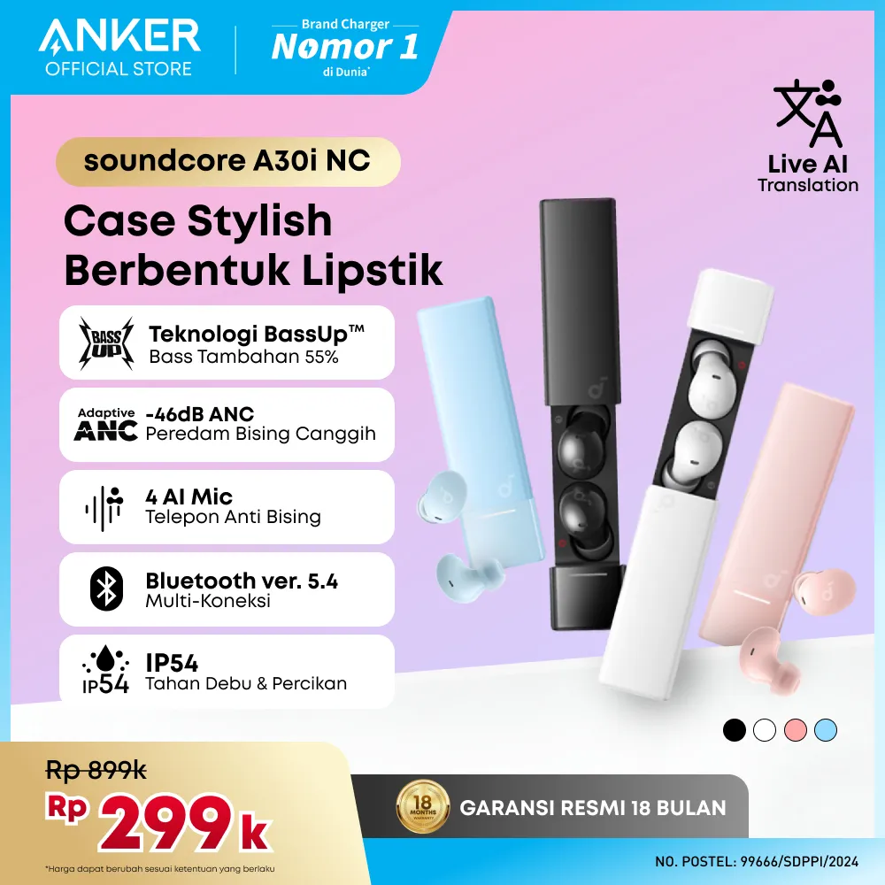 (NEW LAUNCH) Soundcore Anker A30i NC Earbuds Adaptive Noise Canceling Headset Wireless Earphone Bluetooth 5.4 TWS Low Latency for Game Long Battery 4 Mics IP54 - A3958