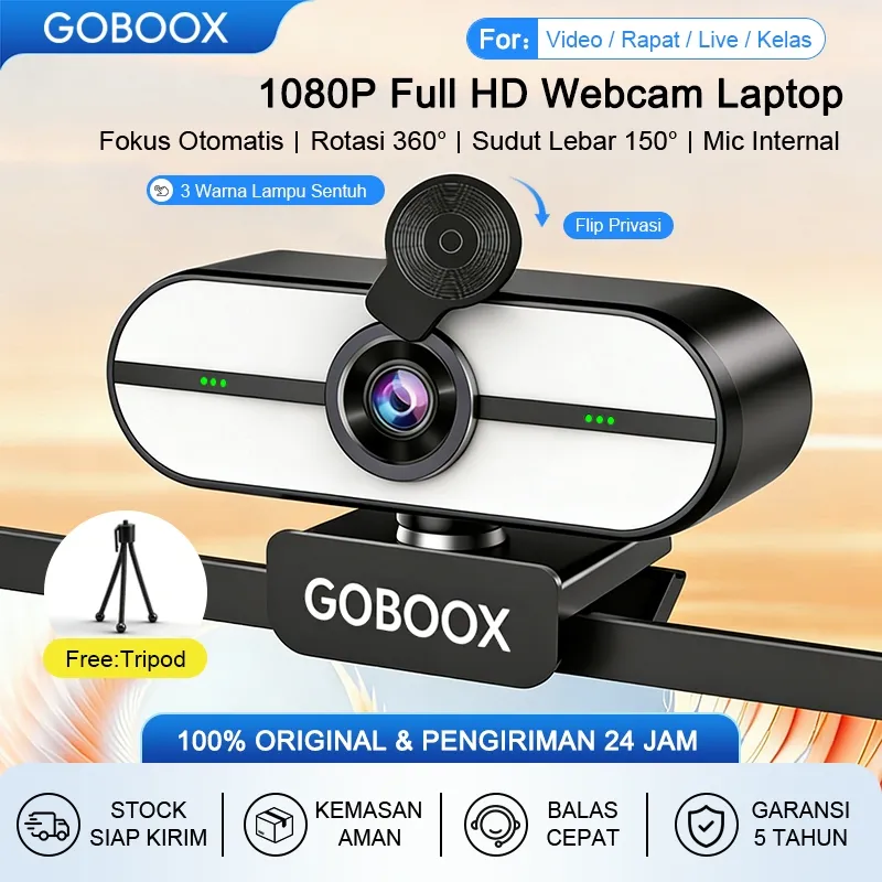 GOBOOX Webcam Laptop PC 1080P Full HD With Mic 3 Warna Lampu Sentuh Penutup Privasi Sudut Lebar 150° USB Plug & Play Kamera Laptop Live Streaming Untuk Zoom Google Meeting (Free:Mini Tripod)