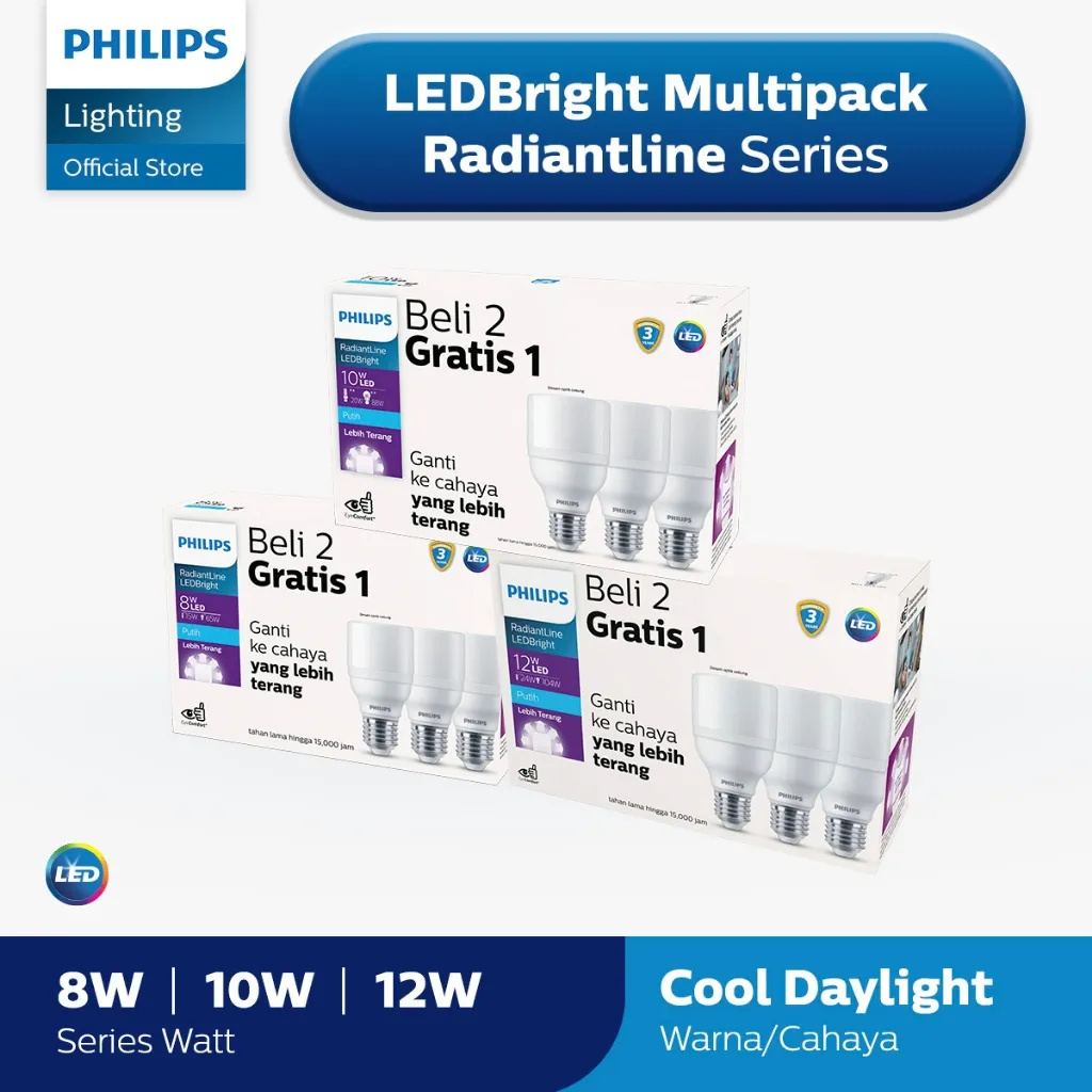 Philips Lampu Multipack Radiantline LEDBright 12W, 10W, 8W 6500K 230V Putih