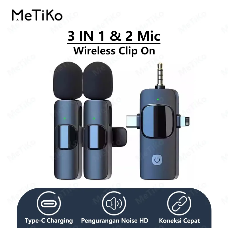 MeTiKo 3 IN 1 Mic Wireless Clip on 2 Noise-Canceling Microphone 3.5MM Type-c Lightning HP Plug & Play For Hp Kamera Komputer Dual Lavalier Untuk IPhone Android Laptop Live Vlog Video Recording