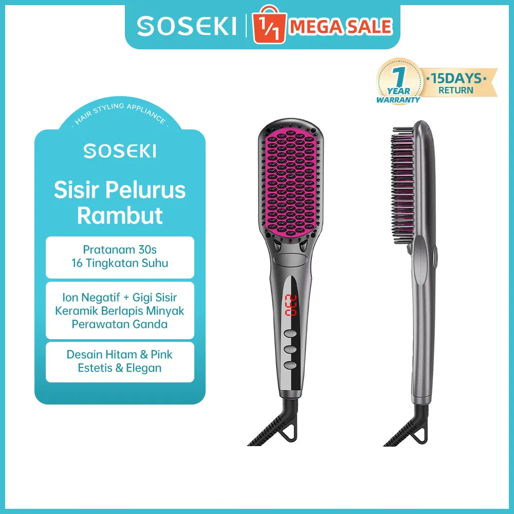SOSEKI Sisir Catokan Pelurus Rambut 16 Tingkat Suhu / 170g Catokan Mini Ringan / Tegangan Global 100-240V Low Watt 50W Hair Straighteners with cord