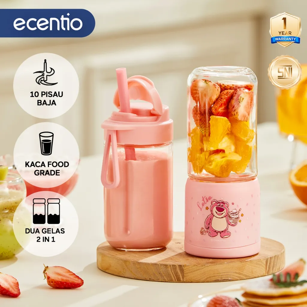 ecentio&Disney Lotso Mini Juicer Blender Portable MPASI Portable 2 Kaca Gelas Food Grade Tahan Pecah 380ml+380ml 10 Pisau Stainless SNI Garansi 1 Tahun For Smoothie Diet & Minuman Sehat