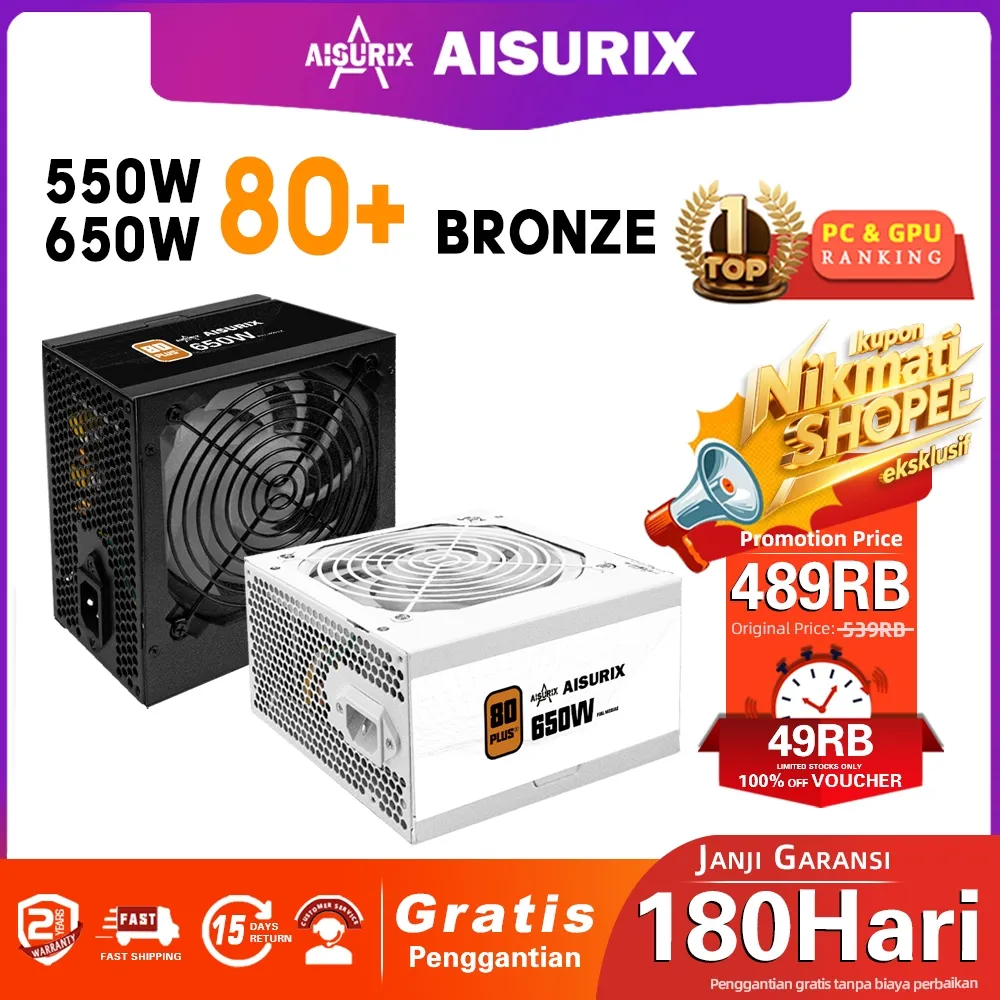 AISURIX PSU 550W/650W 80PLUS Bronze Power Supply 650W Gaming 550 Watt 80+ Bronze White