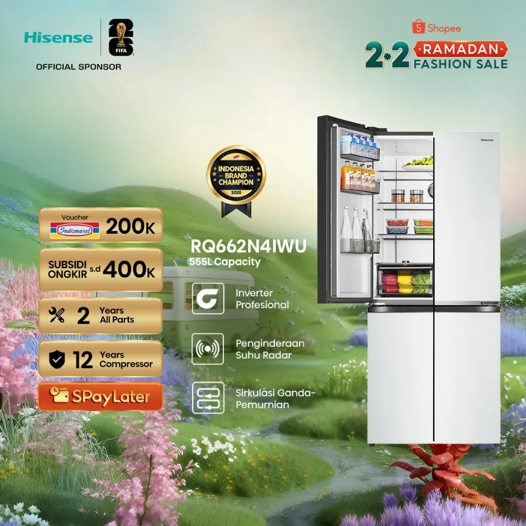 Hisense Kulkas RQ662N4IWU Refrigerator 4 Pintu Kapasitas 555L Warna Putih Inverter Pro 360 Derajat Multi Air Flow All Zone Active Hygiene and Removable Twist Ice Maker LED Display & Gentle LED Lighting Large Capacity Freezer