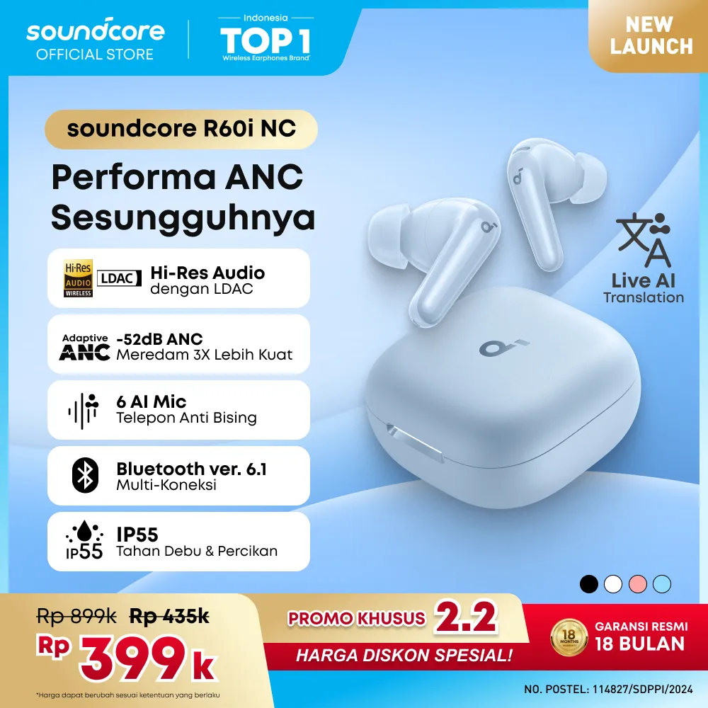 [EXCLUSIVE SHOPEE] Soundcore R60i NC (R50i NC Upgrade) by Anker, Real-Time Adaptive Noise Cancellation, Hi-Res Sound, AI Translation Earbuds, 50H Playtime, Wireless Earbuds, Bluetooth Earphones, Spatial Audio, Fast Charging, IP55 - D1202 Blue