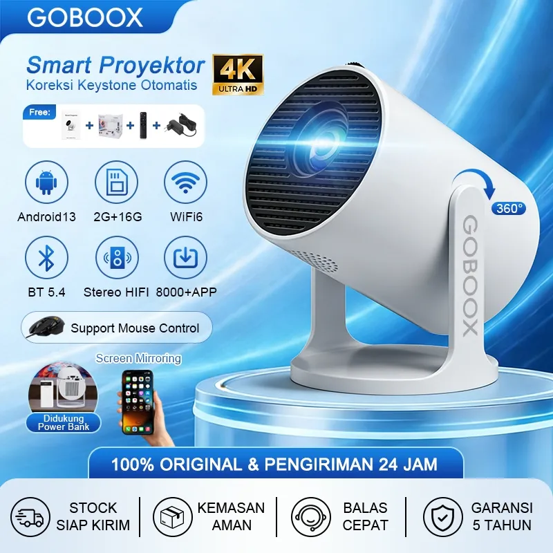 GOBOOX Proyektor Android 13.0 4K Full HD 2G+16G WiFi6 Bluetooth 5.4 Infocus Smart Proyektor Portable Mini Auto Keystone YouTube Netflix Stereo HiFi 270 ANSI Screen Mirroring