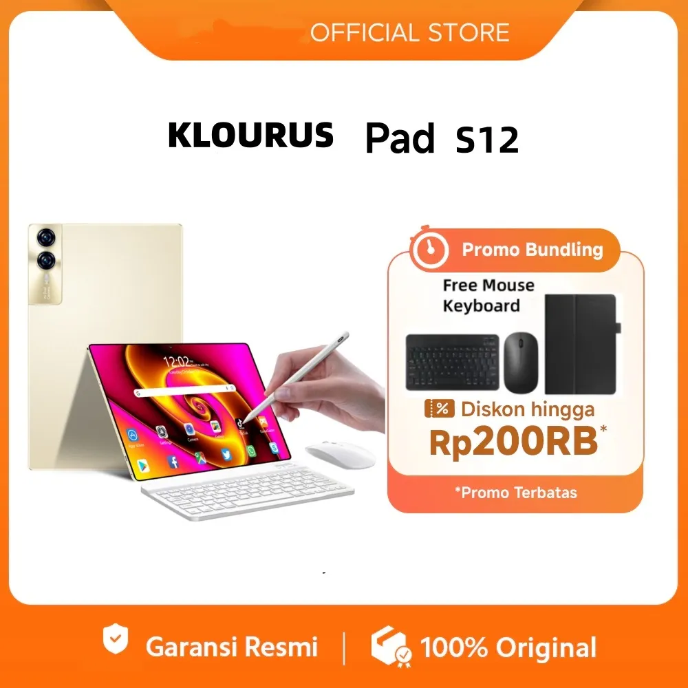 KLOURUS Tablet S12 (16GB + 512GB) | IPS 11.6" | Tablet Murah untuk Belajar,Gaming, Kerja & Hiburan | 5G Dual SIM, WiFi Tablet Anak Android, Kamera 48MP | Kapasitas baterai besar 8800 mAh | Free ​​Tab Case[KLOURUS Official Store]​