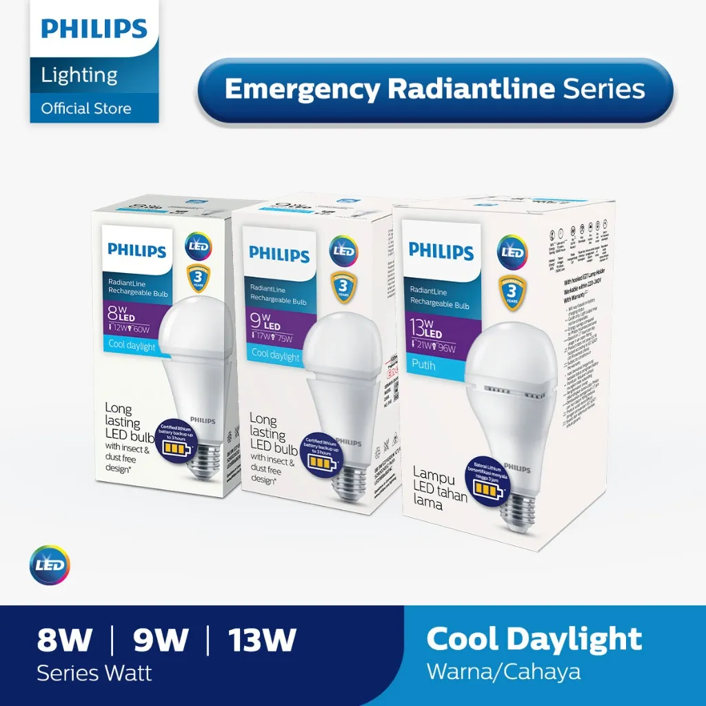 Philips Lampu Radiantline Emergency Rechargeable LEDBulb 8W, 9W, 13W E27 6500K 230V Putih