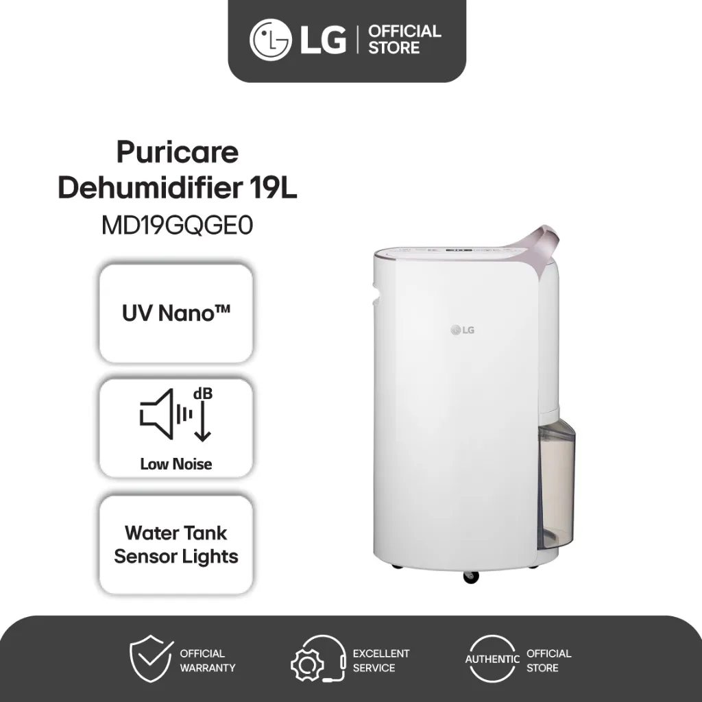 LG Puricare Dehumidifier 19L - UVnano - Less Noise - Water Tank Sensor Lights White - Model MD19GQGE0