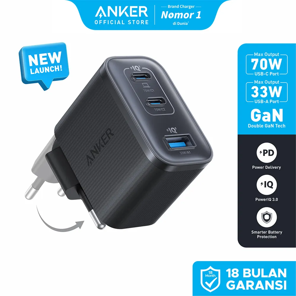 Anker Nano 70W Gan Double-Gan Portable Charger Fordable Fast Charging 3 ports Temperature control PPS PD3.0 for iPhone, Ipad, Laptop, MacBook, Samsung - A121A