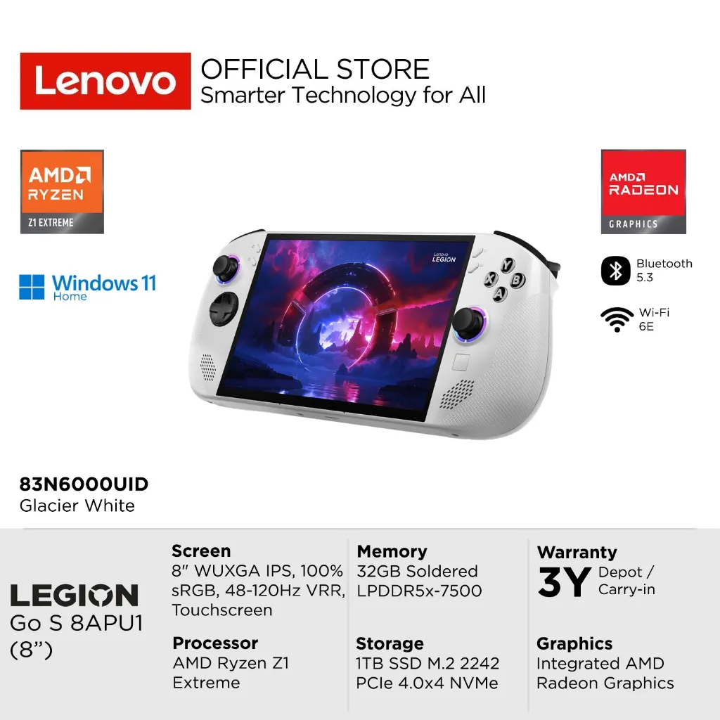 Lenovo Legion Go S 8APU1 0UID AMD Ryzen Z1 Extreme, Integrated AMD Radeon Graphics, RAM 32GB, SSD 1TB, 8" WUXGA IPS 48-120Hz VRR Touch, Windows 11 Home, Gaming Console 8" 83N6000UID Glacier White