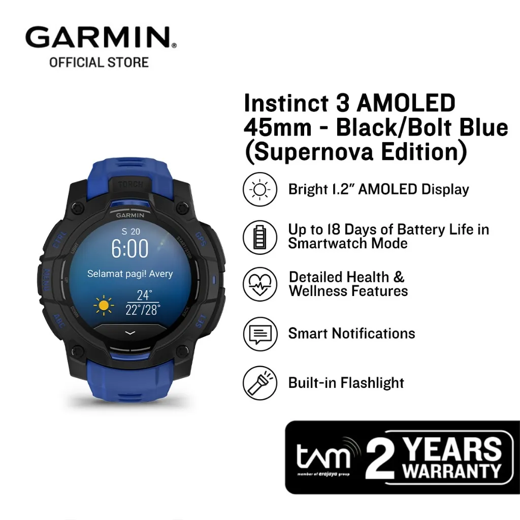 Garmin Instinct 3 AMOLED 45mm - Black/Bolt Blue (Supernova Edition)