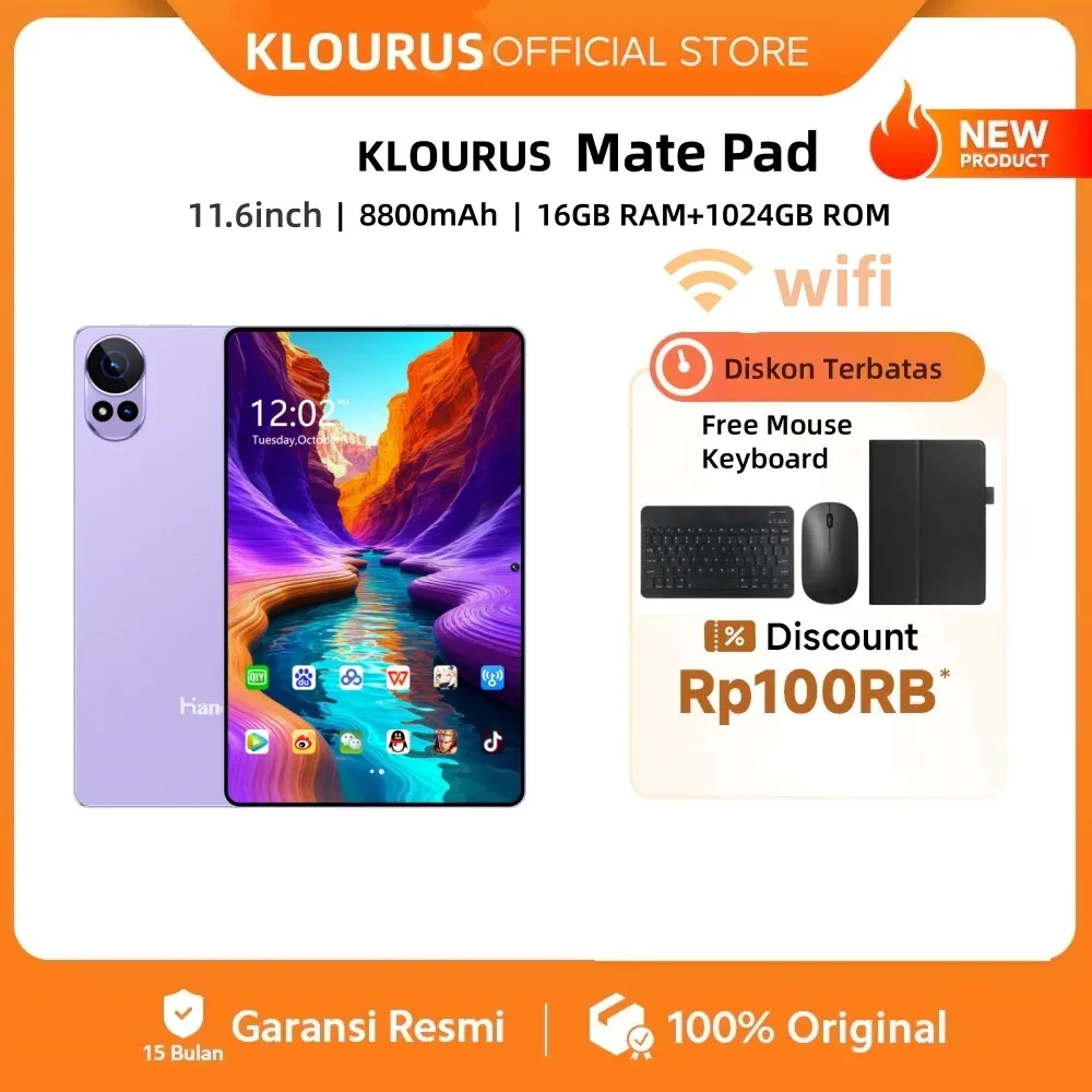 {Free Mouse Keyboard } KLOURUS Mate Pad Air WiFI(22GB +128GB) | IPS 11.6" | Tablet Murah untuk Belajar,Gaming, Kerja & Hiburan | 5G Dual SIM, WiFi Tablet Anak Android 15, Kamera 24MP | Kapasitas baterai besar 8800mAh[KLOURUS Official Store]​