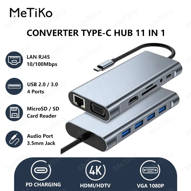 MeTiKo USB C Hub 11 in 1 Adapter Type C to 4K HDMI/VGA Converter USB 3.0/2.0 AUX RJ45 100Mbps SD/TF Card Reader PD Fast Charge
