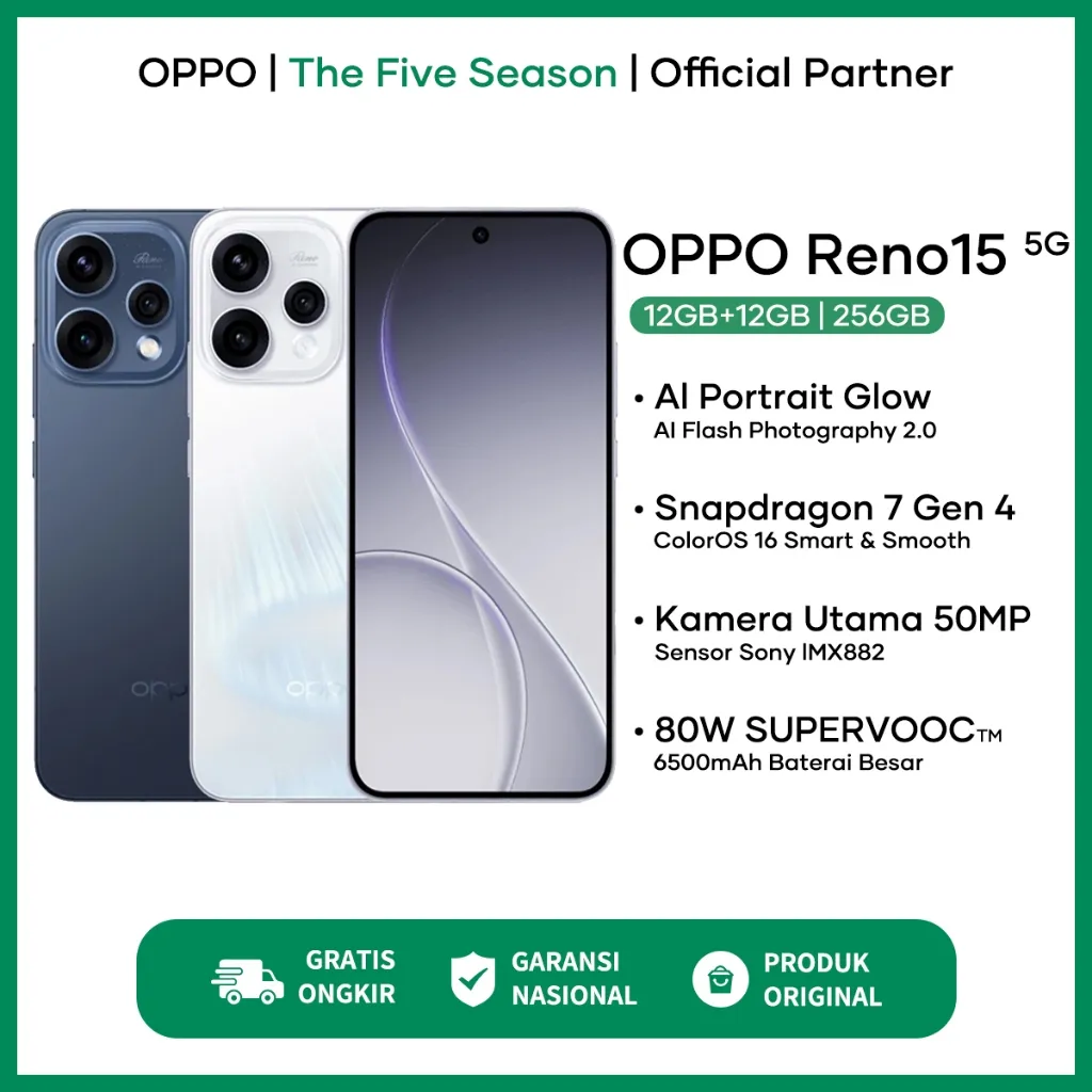 OPPO Reno15 5G (8/256) (12/256) Snapdragon® 7 Gen 4 - Garansi Resmi OPPO Indonesia