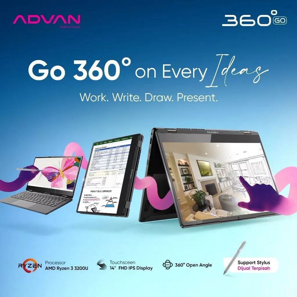 ADVAN 2 in 1 Flip 360 Go AMD RYZEN 3 3200U RAM16GB SSD1TB 14inc FHD IPS Touchscreen Windows 11