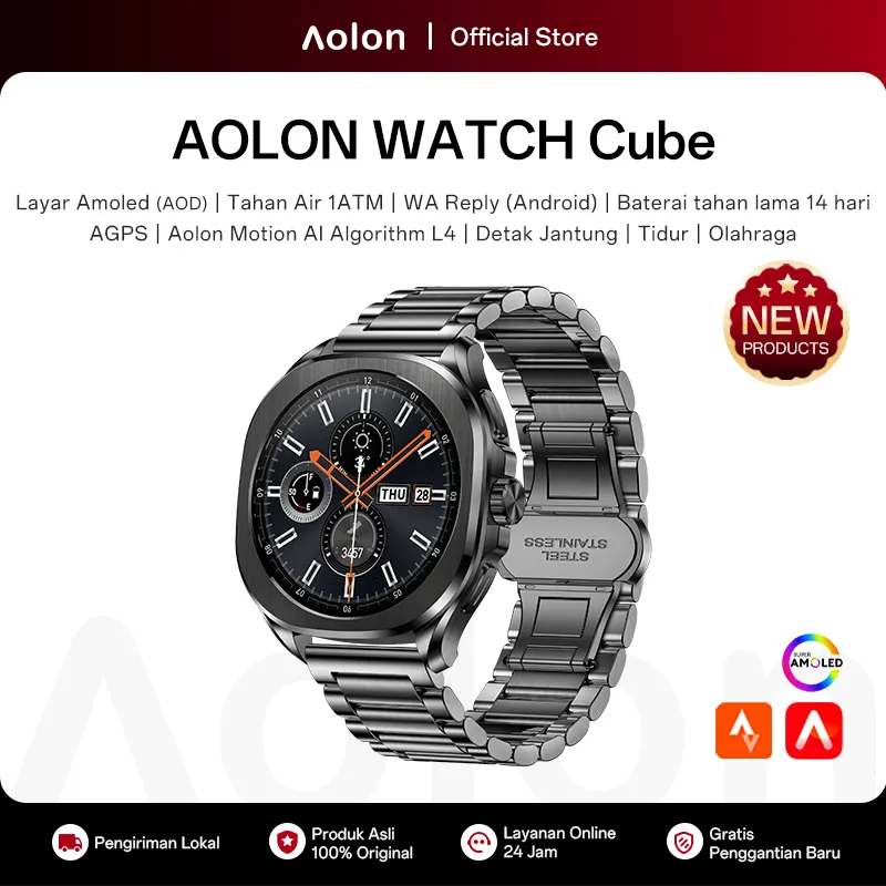 [ NEW] Aolon Cube Jam Tangan SmartWatch Layer 1.43‘’Amoled AOD Whatsapp reply 14 days battery life Tahan air 1ATM  AGPS pria smartwatch