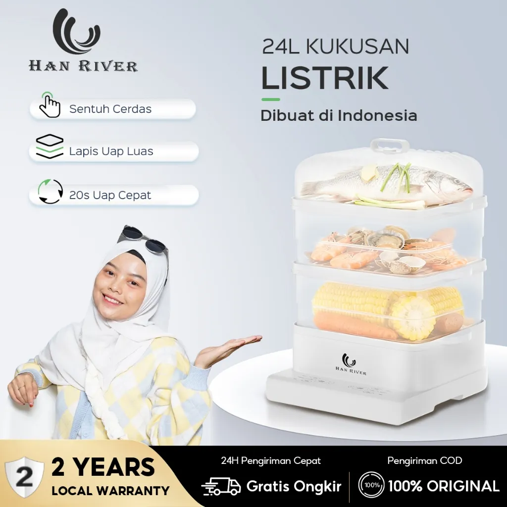 HAN RIVER Panci Listrik 4 Tingkat Panci Kukus 24L Kukus Dan Masak Seafood/Siomay/Mie/Sayur