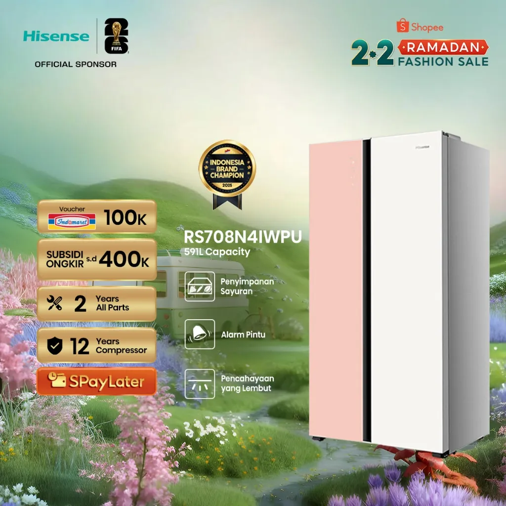 Hisense Kulkas RS708N4IWPU Refrigerator Side By Side Kapasitas 591L Warna Putih Pink Inverter Tanpa Bunga Es Multi Air Flow Glass Door Anti Bacteria Purify Interior LED Lighting Super Freeze Holiday Mode Dual Ech Cooling