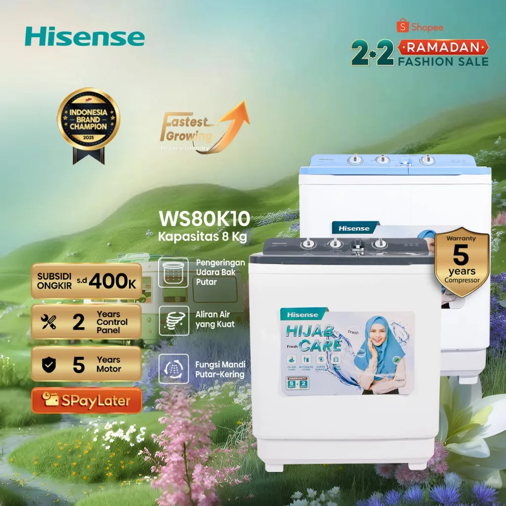 Hisense Mesin Cuci WS80K10 Top Loading Twintube Kapasitas 8KG 2 Tabung Bukaan Atas Warna Abu-abu Gelap Air Tub Spin Drying Anti Rust Cover Strong Water Stream Spin Dry Shower Function Control Panel User Friendly Washing Machine