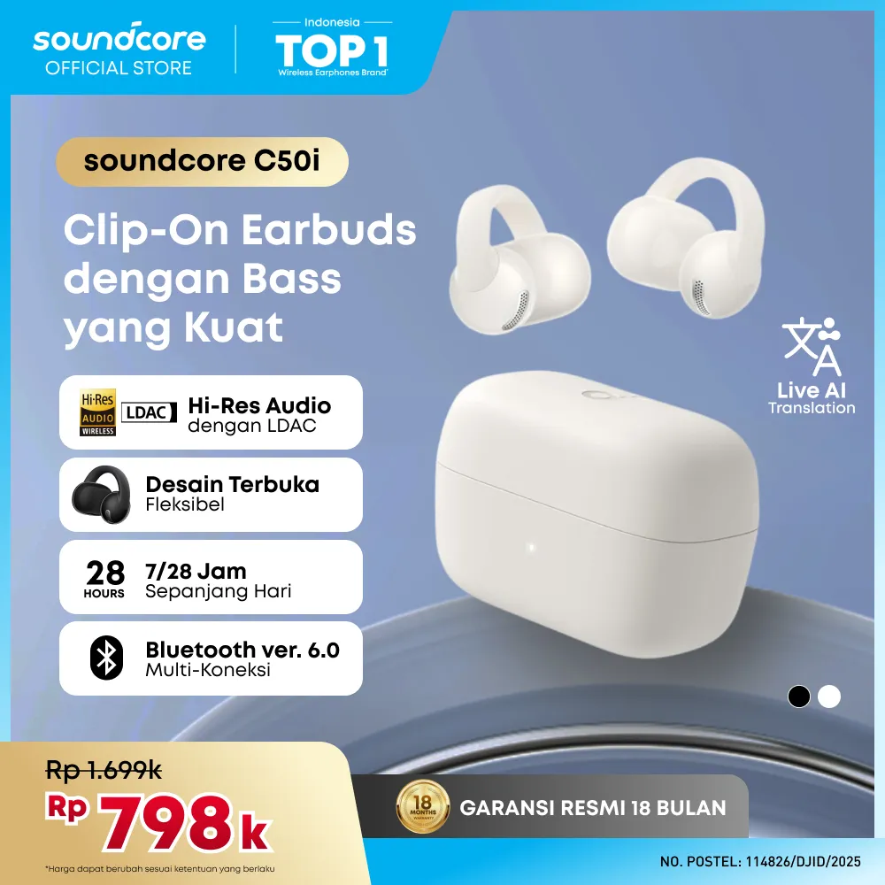 Soundcore AeroClip / C50i by Anker, Open-Ear Earbuds, Clip-On Headphones, FlexiClip Design, Adaptive Comfort, AI Clear Calls with 4 Mics, Stable Fit, 28H Playtime, 12mm Drivers for Powerful Bass, Hi-Res, Open-Ring Design Secure Fit, IP55 - A3388 / D1101