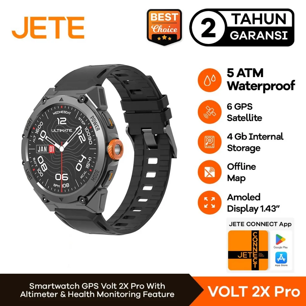 Smartwatch JETE VOLT 2X PRO 1.43 Inch AMOLED Screen Display Jam Tangan AI Running 5 ATM Waterproof Watch 4GB Smart Watch With GPS Sport Flashlight Mode Heart Rate Jam Tangan Pria Wanita