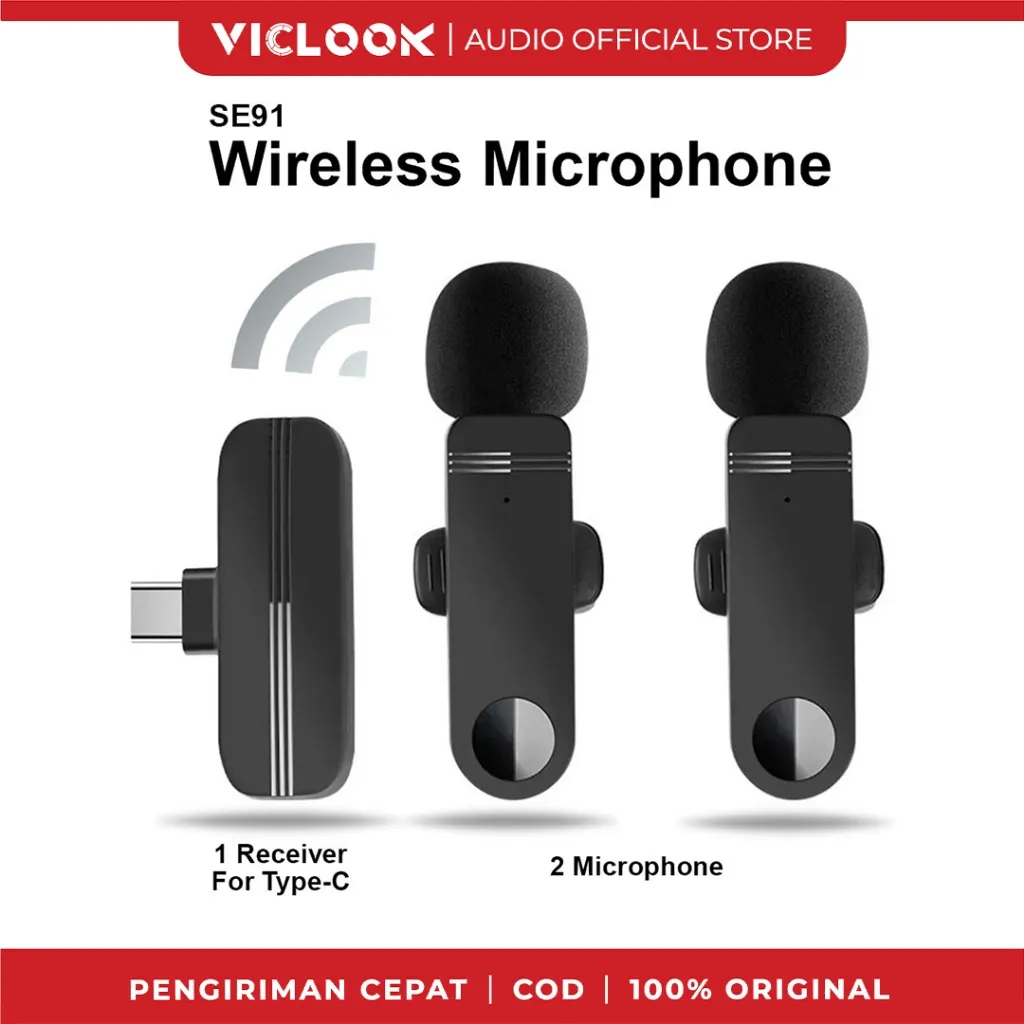VICLOOK Mikrofon Klip Nirkabel Mini Mic Wireless Mini One Drag Two Perdam Bising Untuk Live Streaming Fit For iOS & Type-C Colok Langsung & Pakai