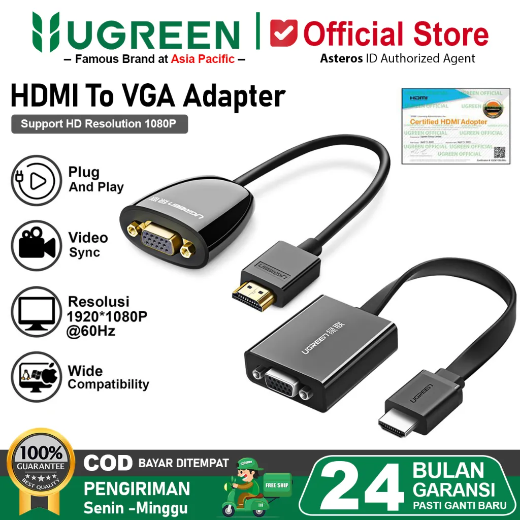 UGREEN VGA To HDMI Converter Adapter HD 1080p With Audio Plug And Play