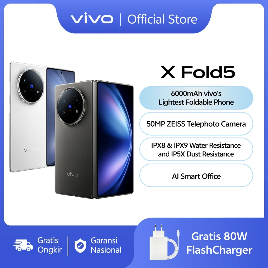 [NEW LAUNCH] vivo X Fold5 (16/512) - 6000mAh vivo's Lightest Foldable Phone, 80W FlashCharge, Zeiss Telephoto Camera, IPX8 & IPX9 Water Resistance, IPX5 Dust Resistance