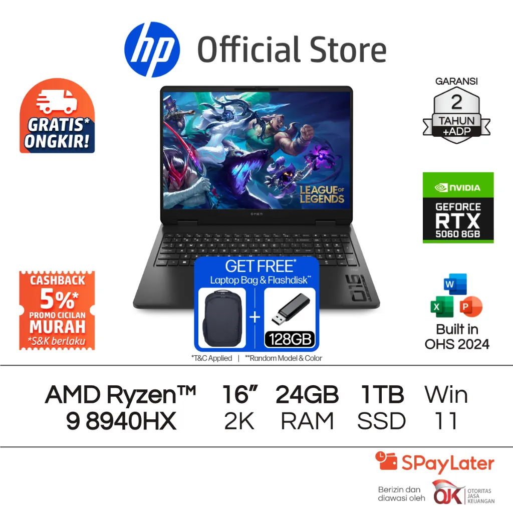 OMEN Laptop Gaming HP AMD Ryzen 9 NVIDIA GeForce RTX 5060 24GB RAM 1TB SSD Shadow Black Free Windows 11 Home 16 Inch 165Hz Garansi 2 Tahun Promo Murah Gratis Ongkir Official Non Second