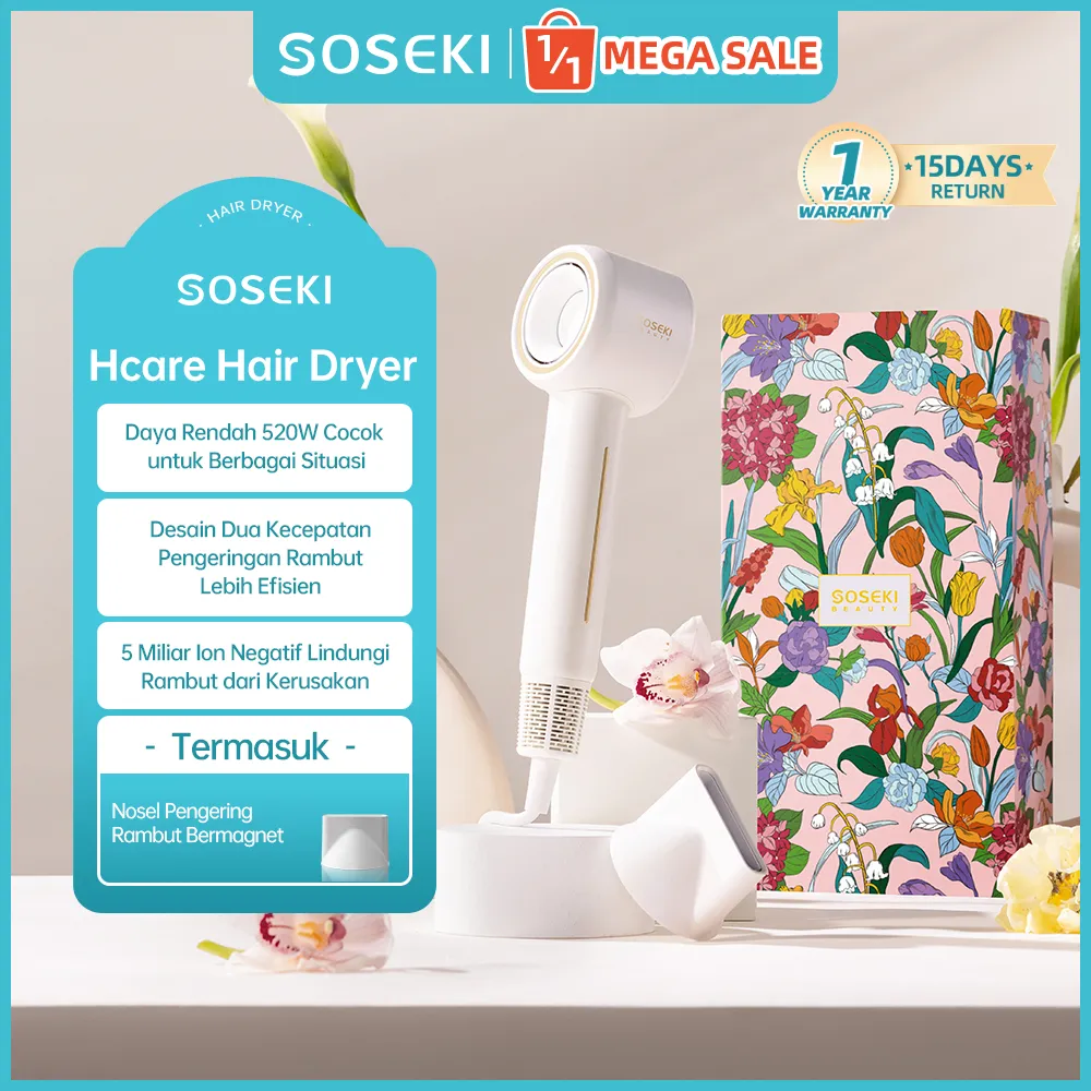 SOSEKI Hair Dryer Low Watt 520W / Hairdryer Pengeringan Cepat / 500 Juta ion Negatif / 2 Jenis Angin: Angin Dingin dan Hangat