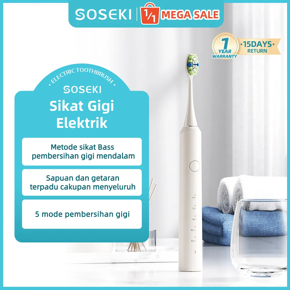 SOSEKI Sikat Gigi Elektrik / Electric Tooth Brush / Sikat Gigi Multifungsi untuk Gigi Sensitif