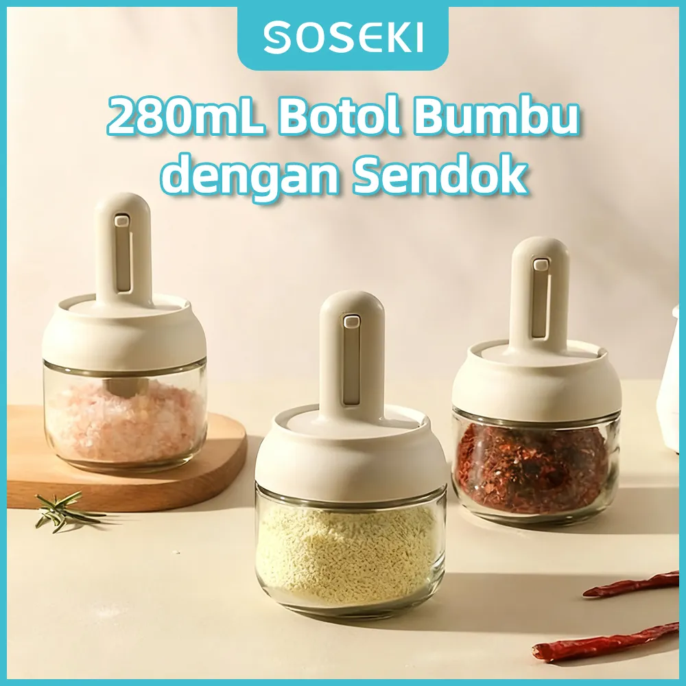 Tempat Bumbu Kaca 280 ml | Spices Jar Kaca Dengan Sendok Takar bisa ditarik & diatur panjangnya