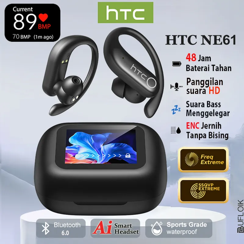 HTC NE61 AI Earphone TWS Bluetooth Open Ear Headset Layar LCD Multifungsi Translation True Wireless Tes Detak Jantung OWS Headphone Olahraga