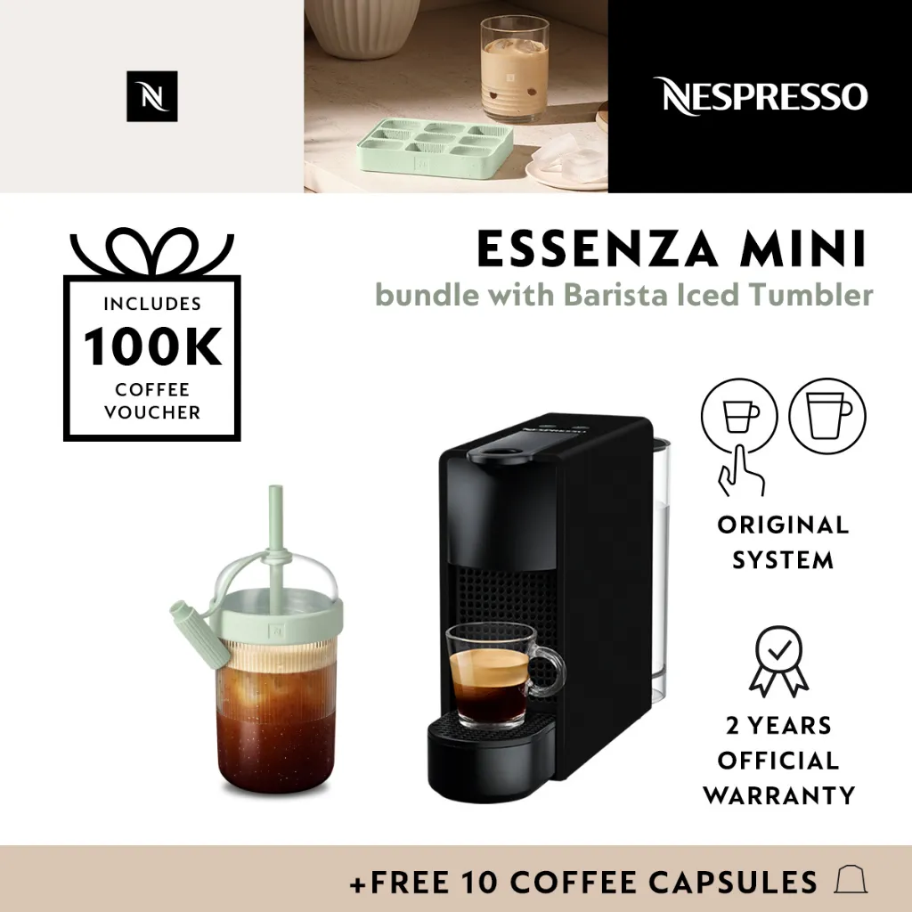 NESPRESSO Essenza Mini Coffee Machine, Black (Mesin Kopi) with Barista Iced Tumbler Mint