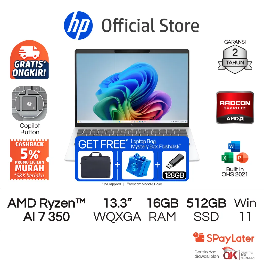 Laptop HP Pavilion Aero - OmniBook 7 Aero [NEW] AMD Ryzen AI 7 Radeon 860M 16GB RAM 512GB SSD Silver / White Free Windows 11 Home 13.3 Inch Garansi 2 Tahun Promo Murah Gratis Ongkir Official Non Second