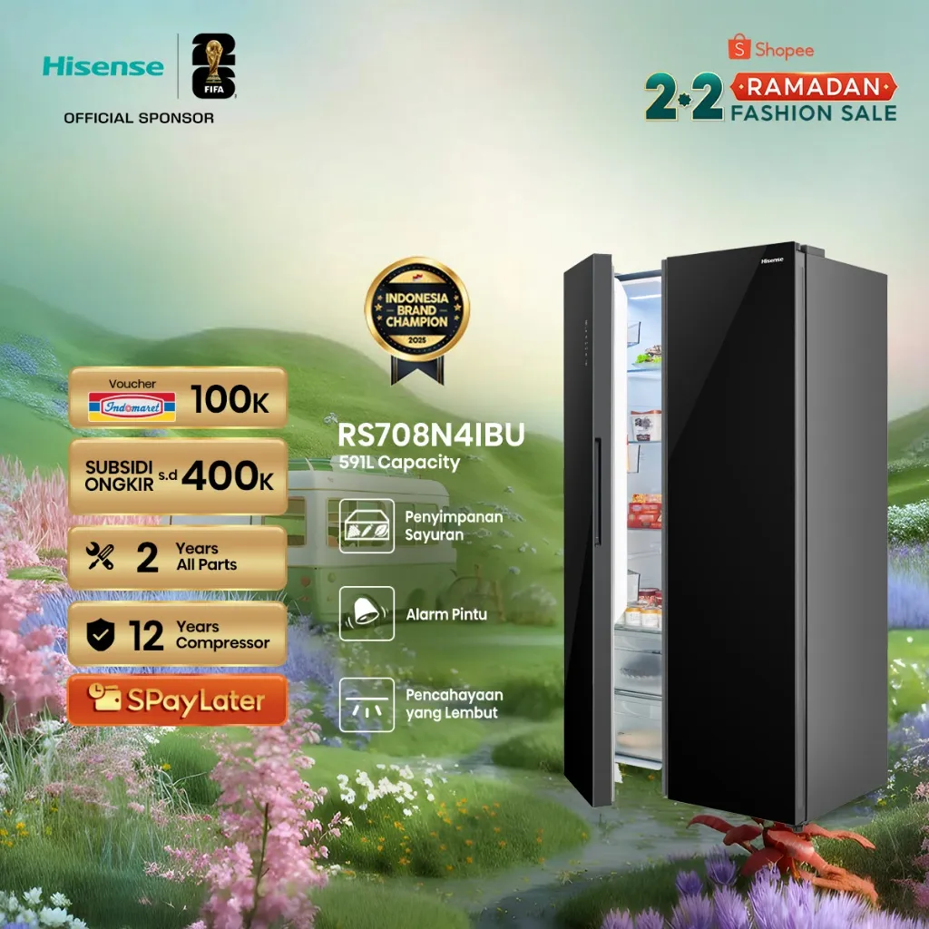 Hisense Kulkas RS708N4IBU Refrigerator Side By Side Kapasitas 591L Warna Hitam Inverter Tanpa Bunga Es Multi Air Flow Glass Door Anti Bacteria Purify Interior LED Lighting Super Freeze Holiday Mode Dual Ech Cooling