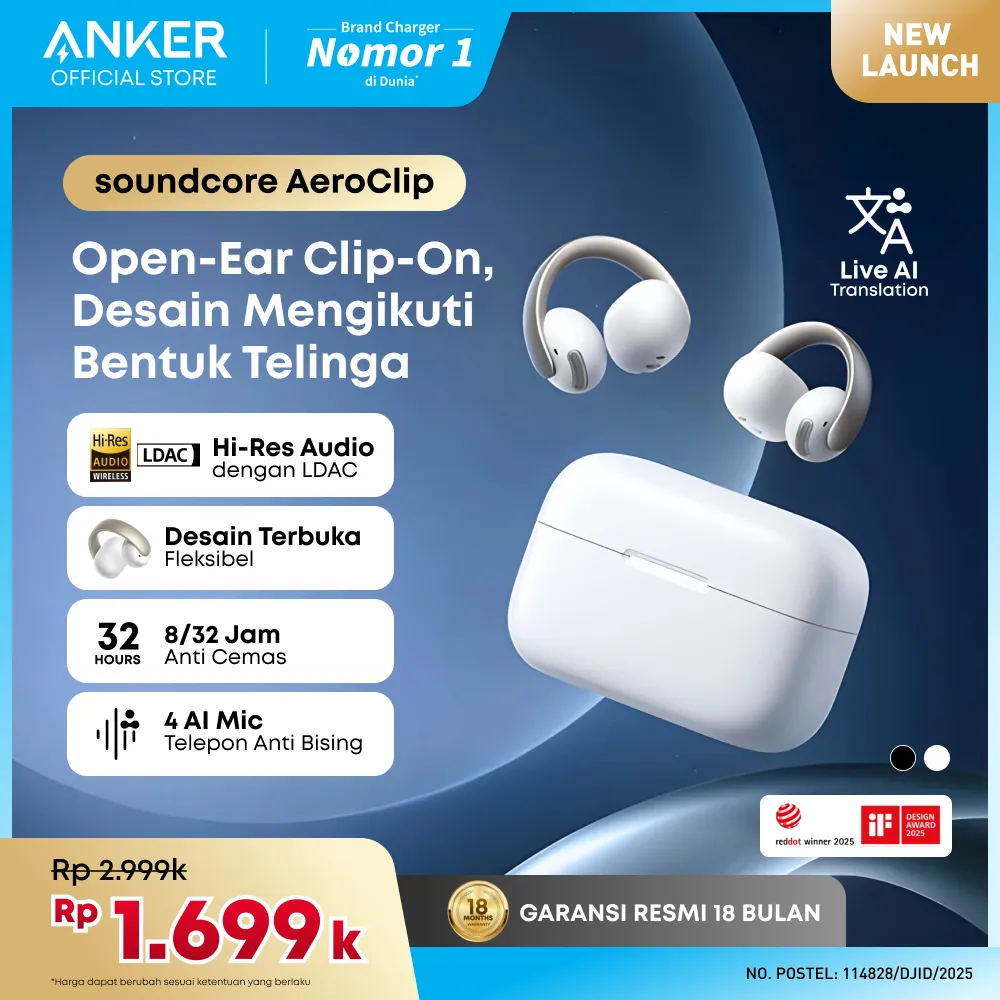 Soundcore AeroClip / C50i by Anker, Open-Ear Earbuds, Clip-On Headphones, FlexiClip Design, Adaptive Comfort, AI Clear Calls with 4 Mics, Stable Fit, 28H Playtime, 12mm Drivers for Powerful Bass, Hi-Res, Open-Ring Design Secure Fit, IP55 - A3388 / D1101