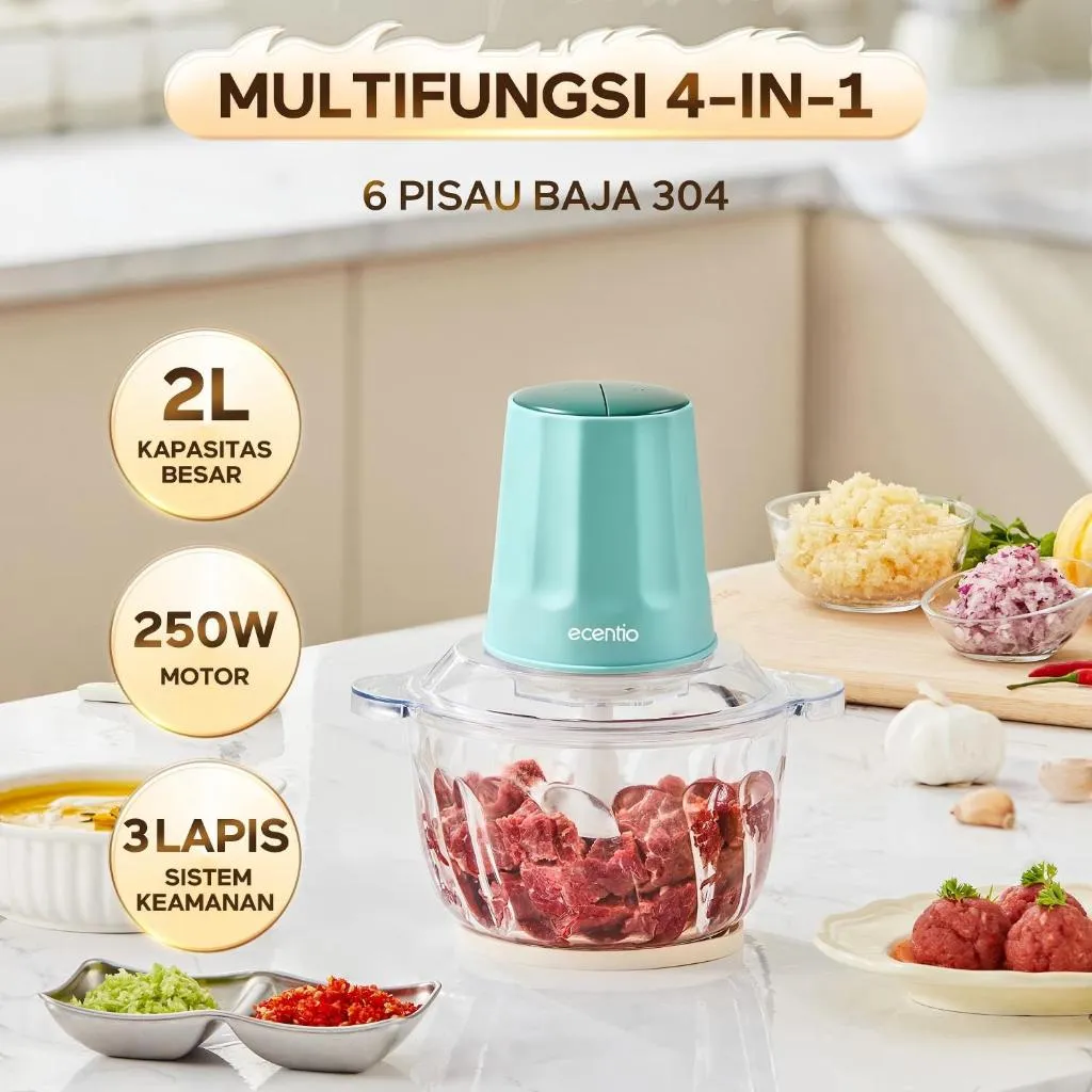 ecentio 3 IN 1 Food Chopper 6 Mata Pisau 2L Kaca Penggiling Daging Processor 350W Food Grade Mesin Giling Daging & Mixer Telur 2 Kecepatan Whisk K3L Certified Garansi 1 Tahun