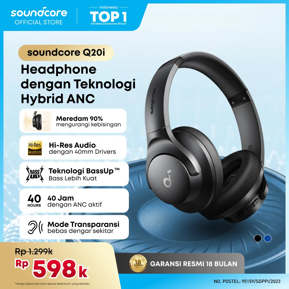 Soundcore by Anker Q20i Bluetooth Headphones with Mic Hi-Res Hybrid ANC Headset with Noise Cancelling Wireless Headphone Over-the-Ear Headphones - A3004